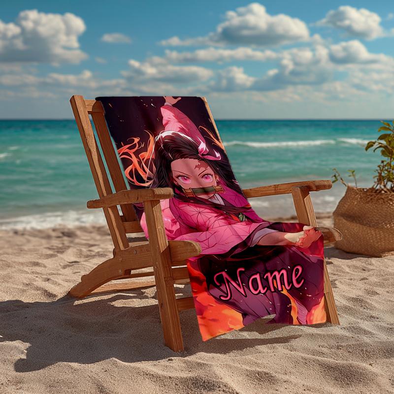 Custom Name Ultra-Soft Beach Towel with Demon Slayer Theme,Ideal for Pool - Camping, Diving - Perfect Travel Essential, Vibrant Beach Towel.