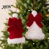Velvet Hanging Decorations Plush Santa Hat Christmas Tree Ornament with Bow Decor, Xmas Pendant Elegant Bowknot Fillers Lanyard for Holiday