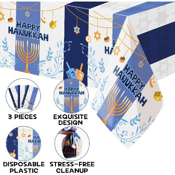 Fancy Land 3Pcs Hanukkah Tablecloth Happy Hanukkah Disposable Plastic Table Cover Blue and White Chanukah Decorations with Menorah Star of David for