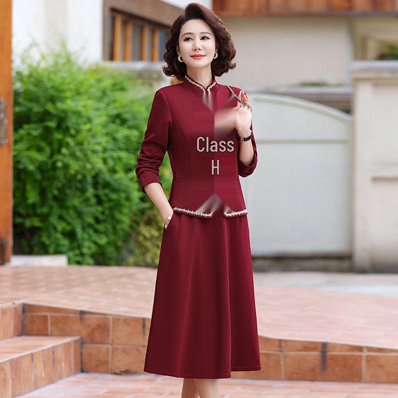 Stylish Two-Piece Faux Dress for Women - Mid-Age Spring/Autumn Design with Belly-Concealing Frog Button