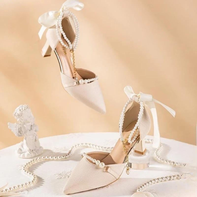 Fashion Stiletto Pearl Ladies Shoes Vip 2025 Luxury Summer Comfortable Chic and Elegant Footwear on Offer Original Women's Sandals Sale