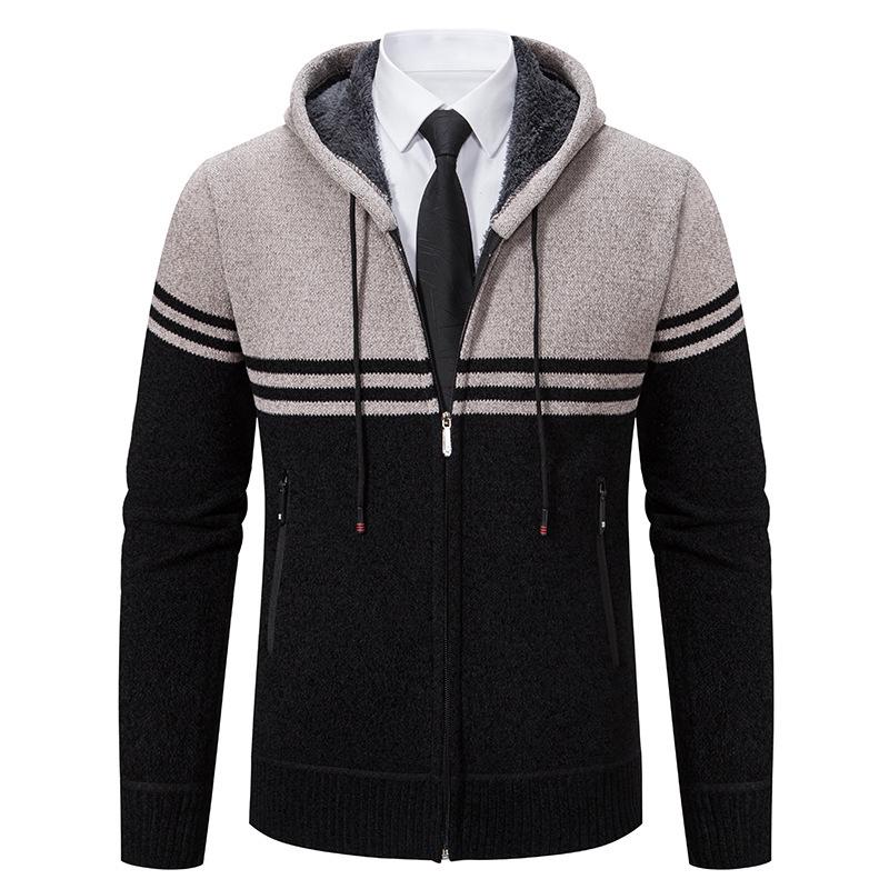 Men's Color Block Striped Hooded Cardigan Sweater - Plus Size Knitwear for Autumn & Winter