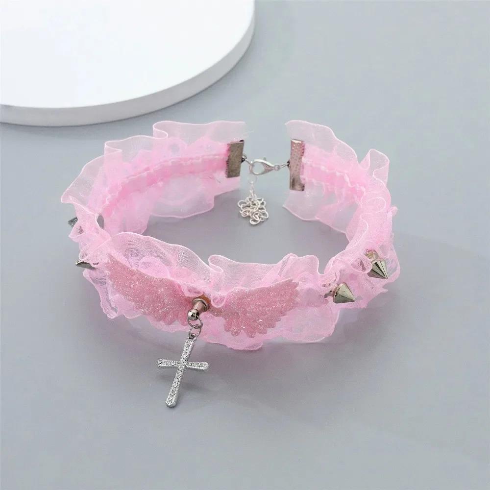 Angel Wings Gothic Lace Rivet Choker Necklace, Lolita Cyberpunk Retro Clavicle Jewelry Accessories for Women
