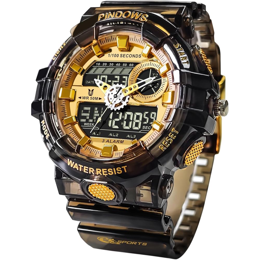 PINDOWS Men s Analog Digital Dual Time Watch Gold 50m Waterproof LED Backlight Multi-Function Sports Outdoor Activities