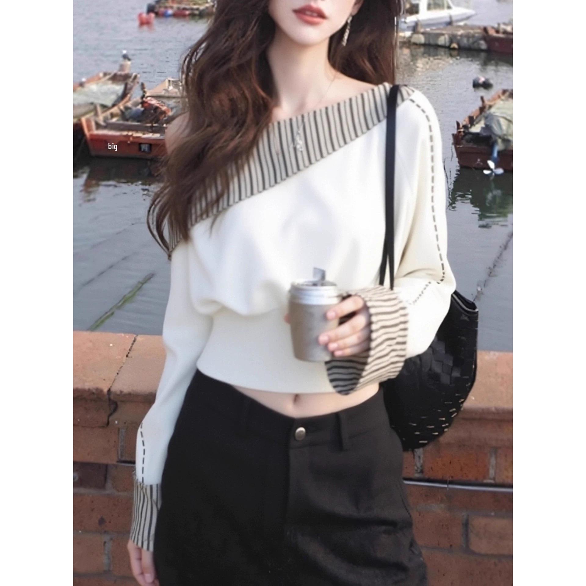 Women s Asymmetrical Stripe Long-Sleeve Hoodie - 2026 Autumn Style, Fashionable, Slimming & Cinched Waist M