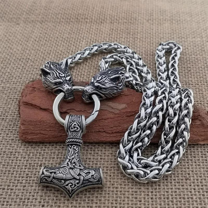 Nordic Viking Thor Hammer Pendant Wolf Head Necklace Domineering Necklace Men's Norwegian Jewelry