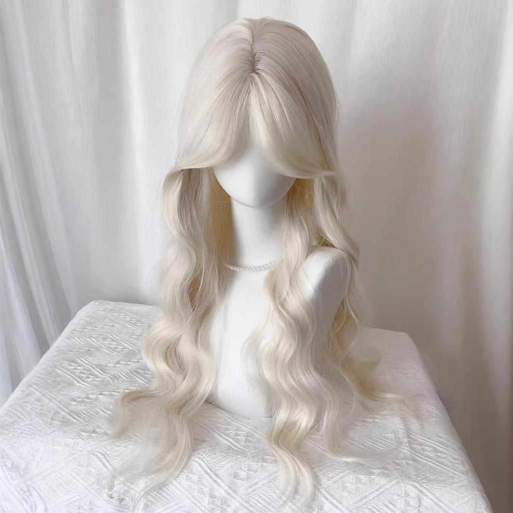 Milchweißes Goldfarbenes Langes Lockiges Haarteil mit Wasserwellen, Mittelscheitel und Acht-Zeichen-Pony - Natürlicher Lolita-Stil Vollhaarteil