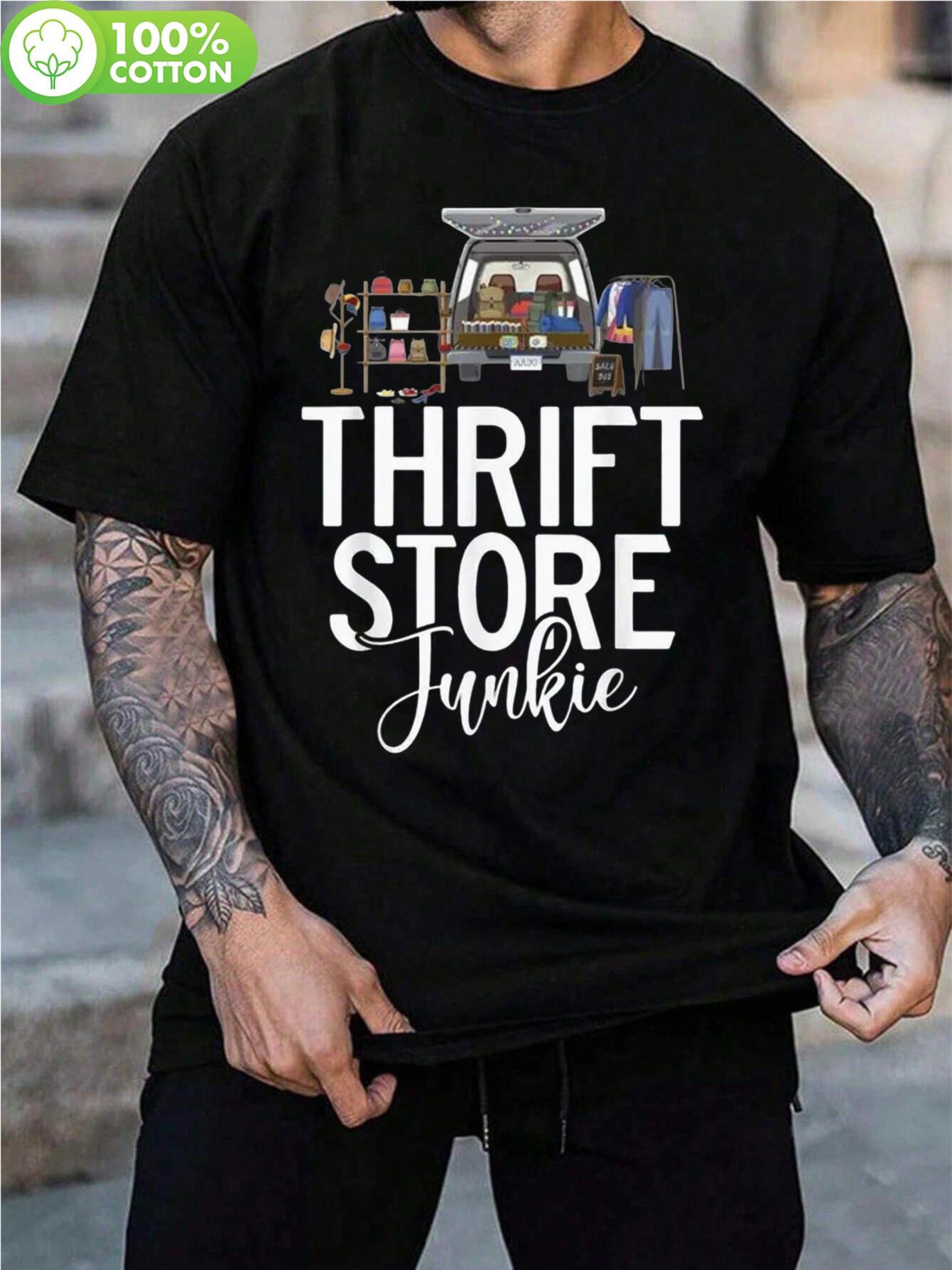 

1pc 100% Cotton Thrift Store Junkie Graphic T-shirt - Vintage Washed Black Casual Short Sleeve Tee with Retro Cart & Sign Design S