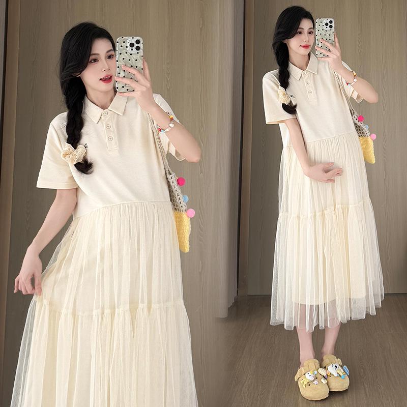 2026 Korean Style Summer Mesh Patchwork Maternity Dress