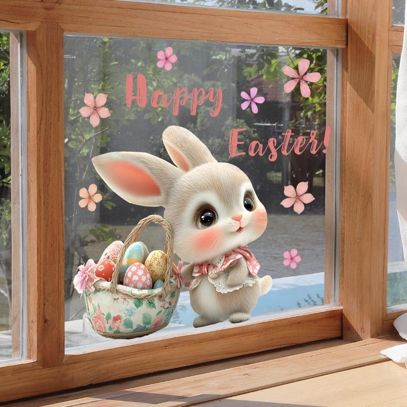 Happy Easter Window Stickers Cute Rabbit Eggs Carrot Electrostatic Glass Sticker Easter Decorations for Home Bunny Wall Decals