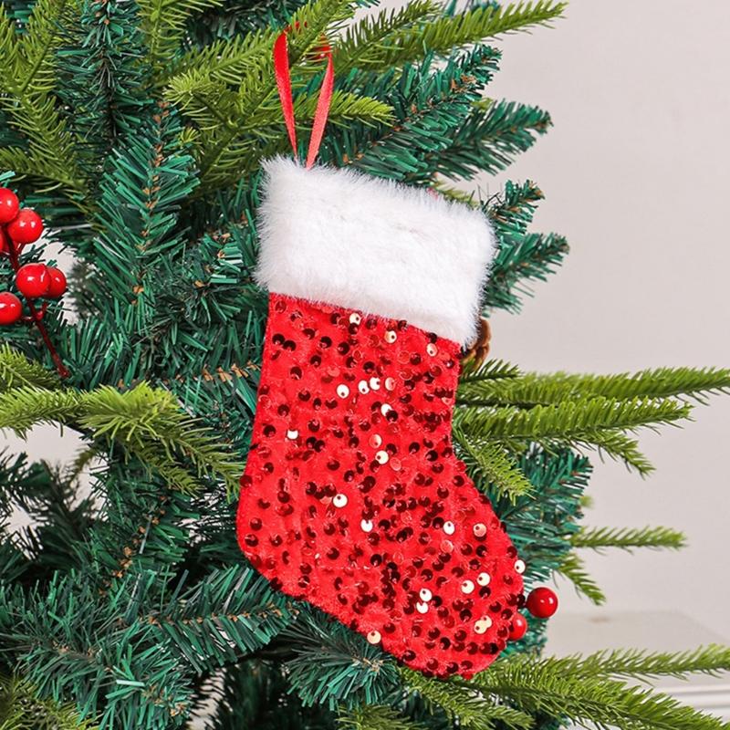 10Pcs Festival Gift Holders Fireplaces Decoration Sparkling Sequins Christmas Stockings with Plush White Rims Decors