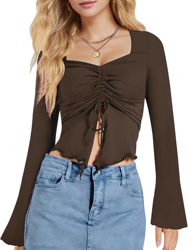Women S Cropped Long Sleeve T Shirt Drawstring Ruched Slim Fit Top