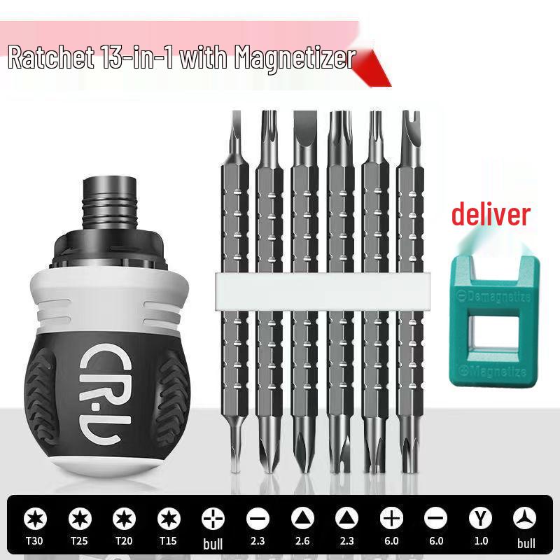 

Компактный набор отверток-трещоток с фиксацией: Двусторонние, магнитные биты Phillips и шлицевые