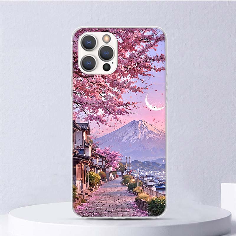 Japanese Cherry Mount Fuji Soft Case For iPhone 16 17 Air 16E 15 Plus 11 12 13 Mini 14 Pro Max Phone Cover Apple 7 8 SE Coque Fu