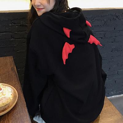 Girl Little Devil Horns Gothic Hooded Sweatshirt Long Sleeve Loose Fit Women Demon Fly Wings Hoodie Streetwear