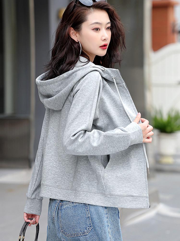 Grauer Damen-Cardigan-Hoodie mit doppeltem Reißverschluss, schwere Qualität - Sportlicher koreanischer Stil, Langarm, Frühjahr/Herbst Kollektion 2025.