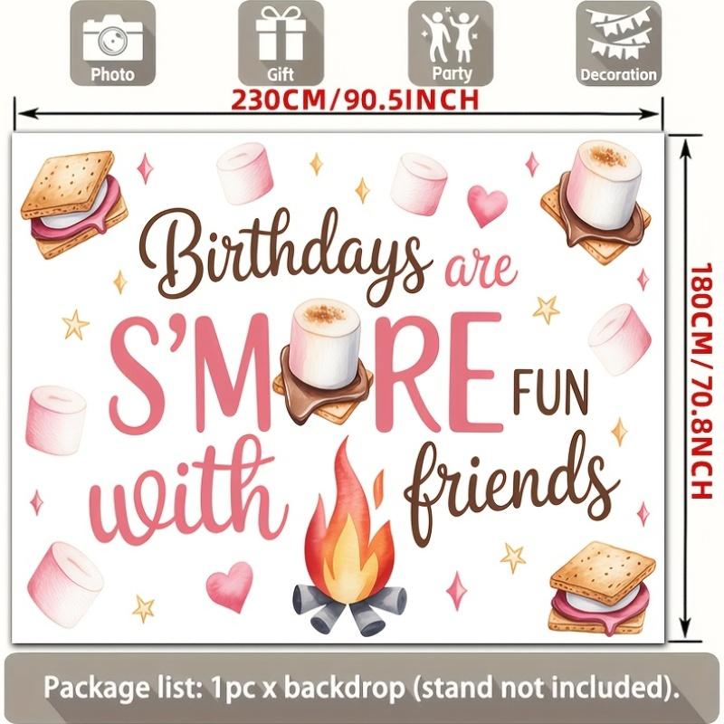 2D Banner, Designed In Watercolor Style, Depicts S'Mores, Cloud Candies and a Campfire Heart, Celebrating the Birthday.