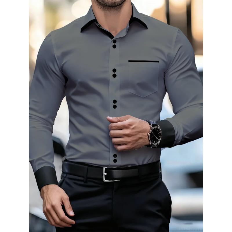 Men's Business Color Block Collar Long Sleeve Shirt, Slim Fit, Wrinkle-Free, Black and White Patchwork Shirt, Men's Fashion Top