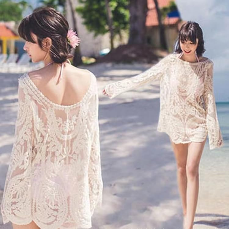 Lace Embroidered Lace Perfect for the and Slimming Swimwear Outerwear [88flix] Top, Long, Beach, Pool, Suntanning, See-Through,
