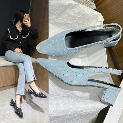 Summer New Plus Size Denim Sequin Closed Toe Block Heel Sandals Women