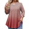 Ladies Stripe Print Plus Size 3/4 Sleeve Rounded Hem Round Neck Fashion Top
