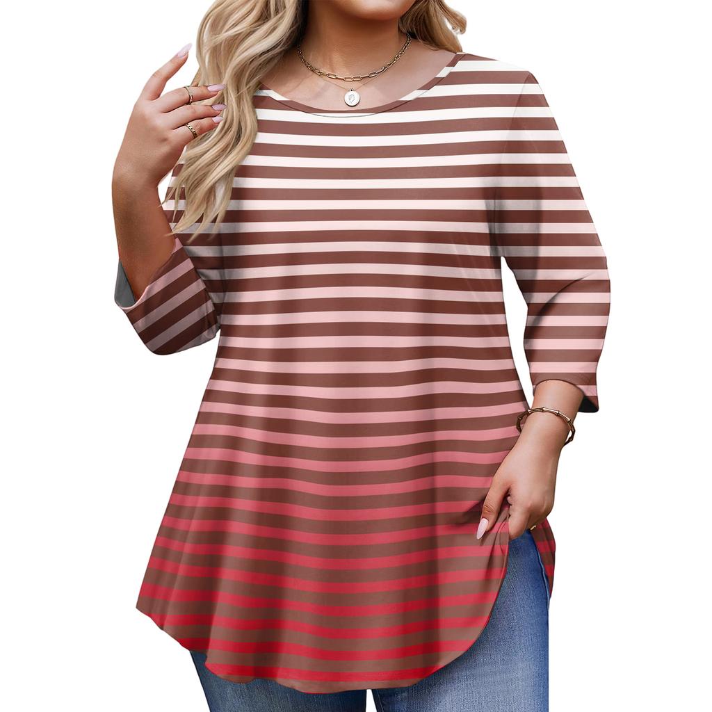 Ladies Stripe Print Plus Size 3/4 Sleeve Rounded Hem Round Neck Fashion Top