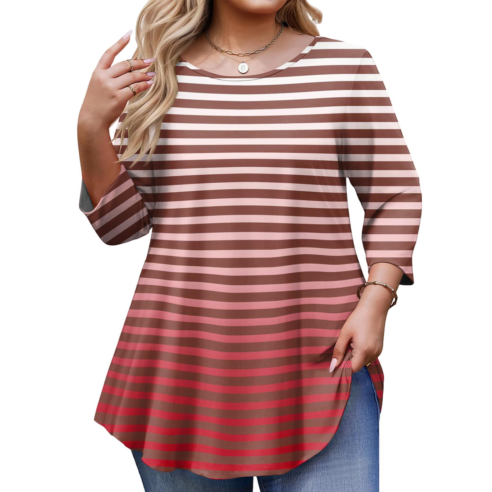 

Ladies Stripe Print Plus Size 3/4 Sleeve Rounded Hem Round Neck Fashion Top XXL червоний