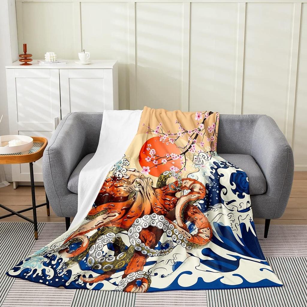 Japanese Ukiyoe Theme Flannel Fleece Throw Blanket MulticolorAll Season Warm Soft 3D Printed Patterns Unisex Japanese