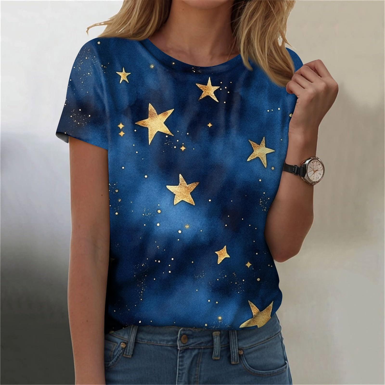 

Женская мода Sky Print модная универсальная облегающая футболка с коротким рукавом L синий