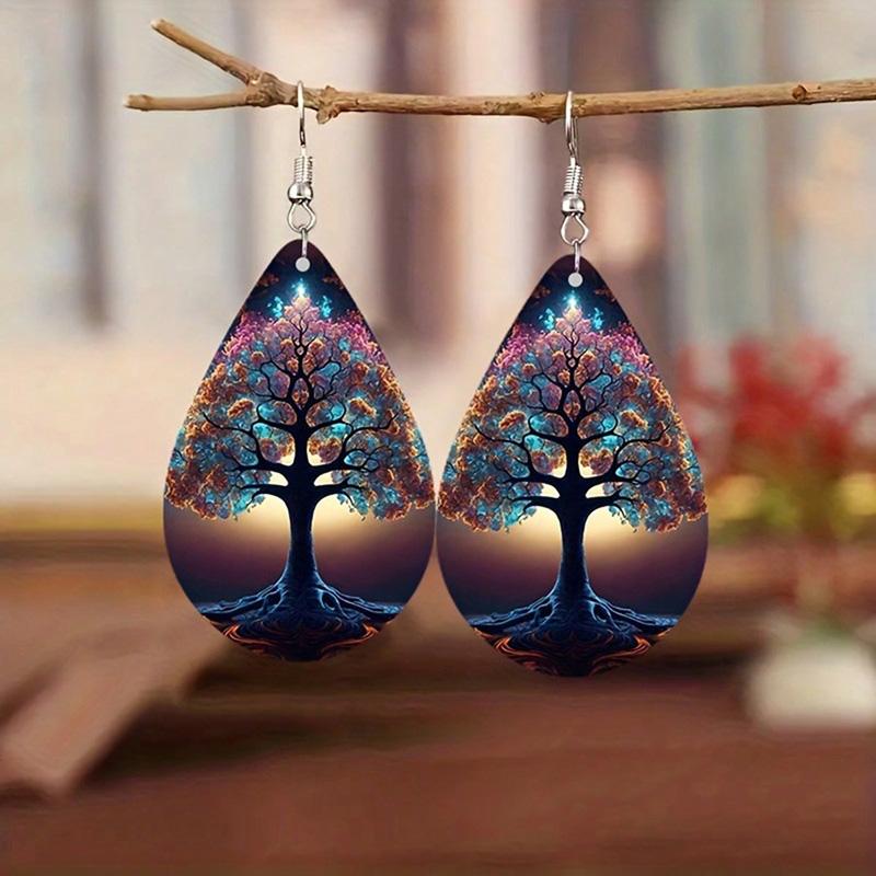 Classic Van Gogh Starry Night Earrings Vintage Tree Of Life Water Drop Leather Earrings For Women