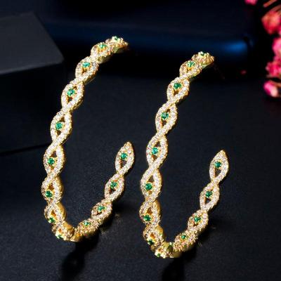 WWJ Glitter Green Zircon Circle Hoop Earrings Golden Color Jewelry