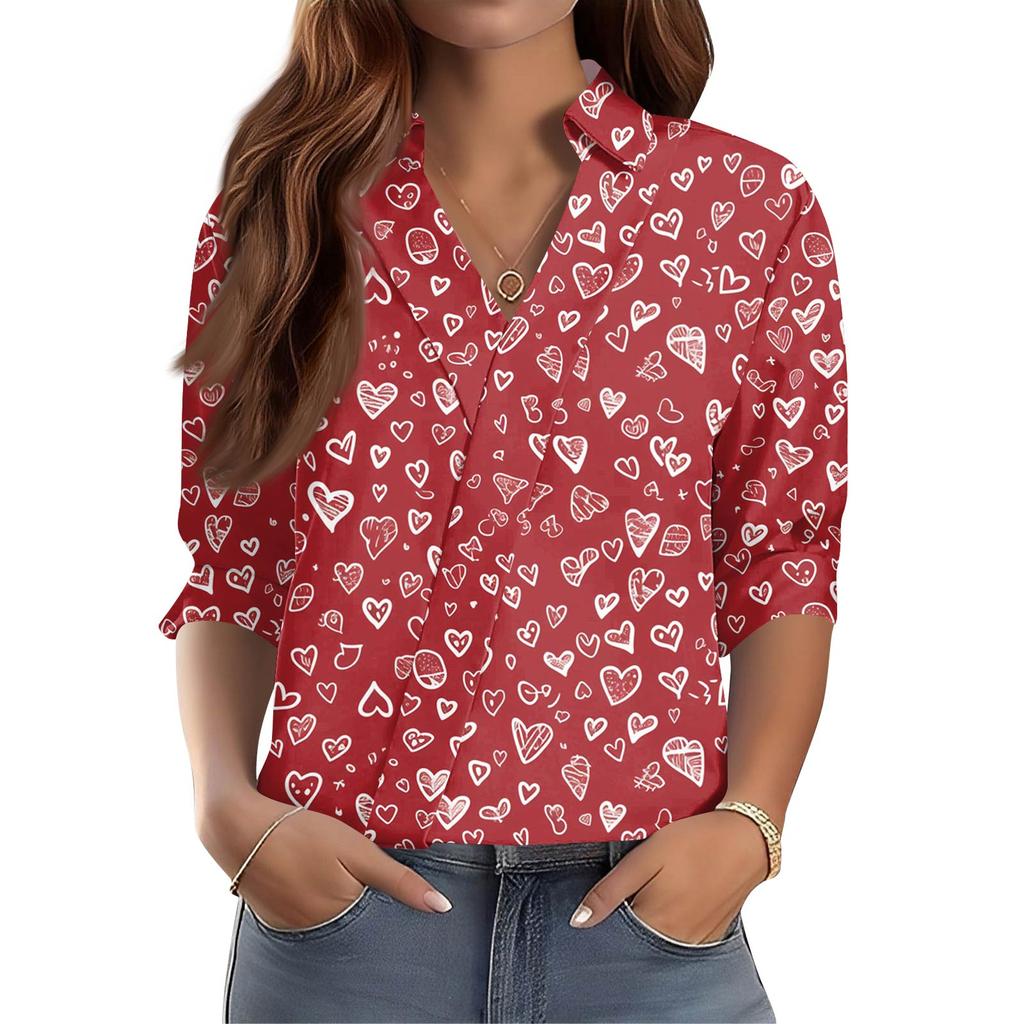 Damen 3/4-Ärmel V-Ausschnitt Hemd Bedruckte Arbeitskleidung Lässig Regulär Hemdkragen Oberteil