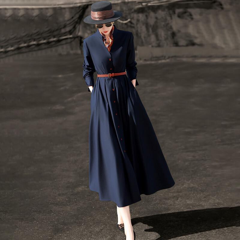 Elegant Belted Long Sleeve Shirt Dress L