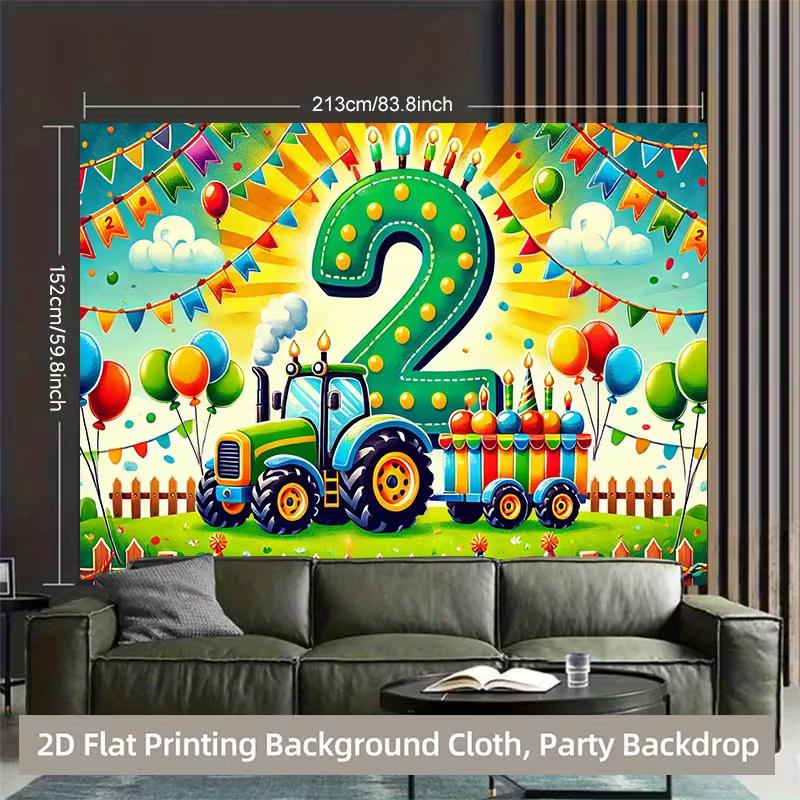 2D Tractor 2nd Birthday Backdrop for Boy Farm Themed Birthday Party