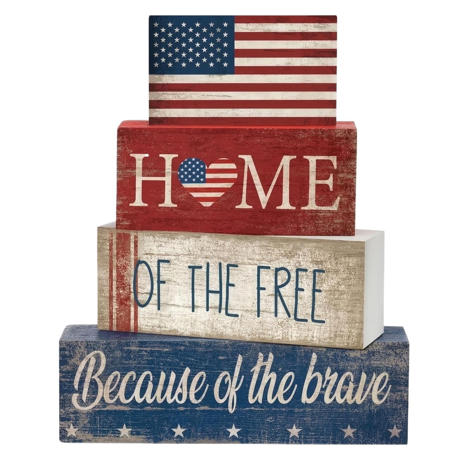 

Wooden Decorative Block Sign with Patriotic Hat and Firework Print for Tabletop Display Faith America Freedom One Size