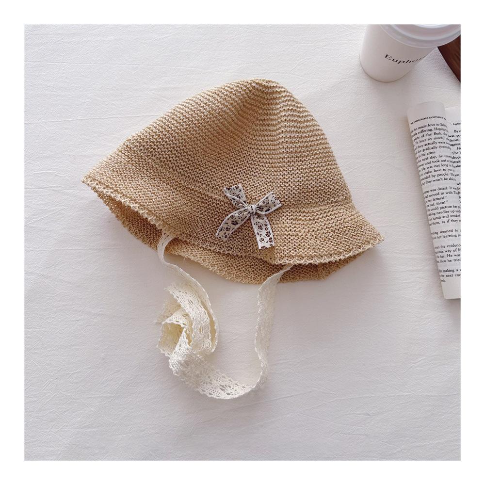 New Summer Kids Sun Hat Sweet Lace Bow Girls Straw Hat with Straps Beach Vacation Children Breathable Fisherman Hat