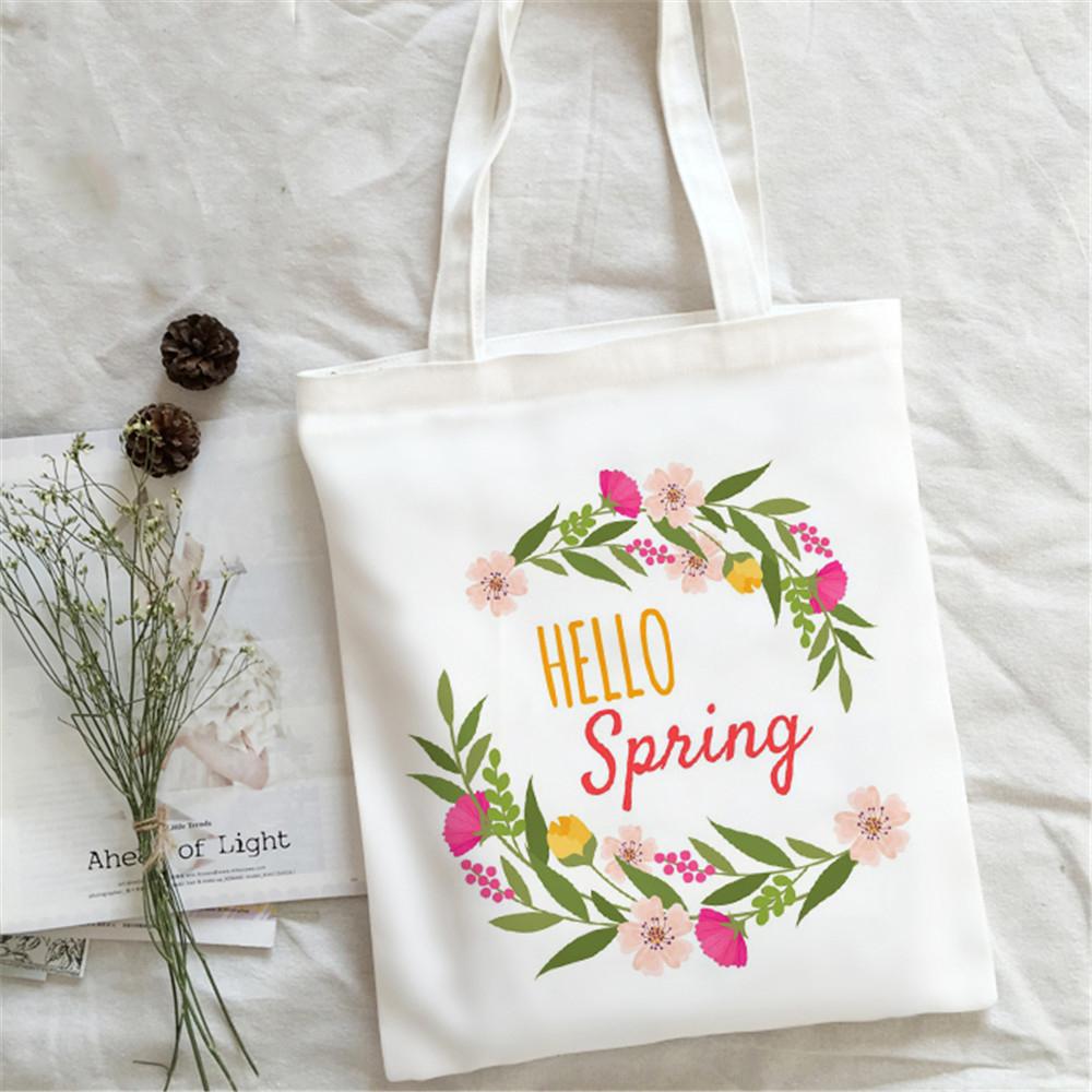 Dobrý den Jarní Květiny Potisk Nákupní Taška Ženy Plátěná Taška přes Rameno Ulzzang Eko Velkokapacitní Dámská Nákupní Taška Kabelka