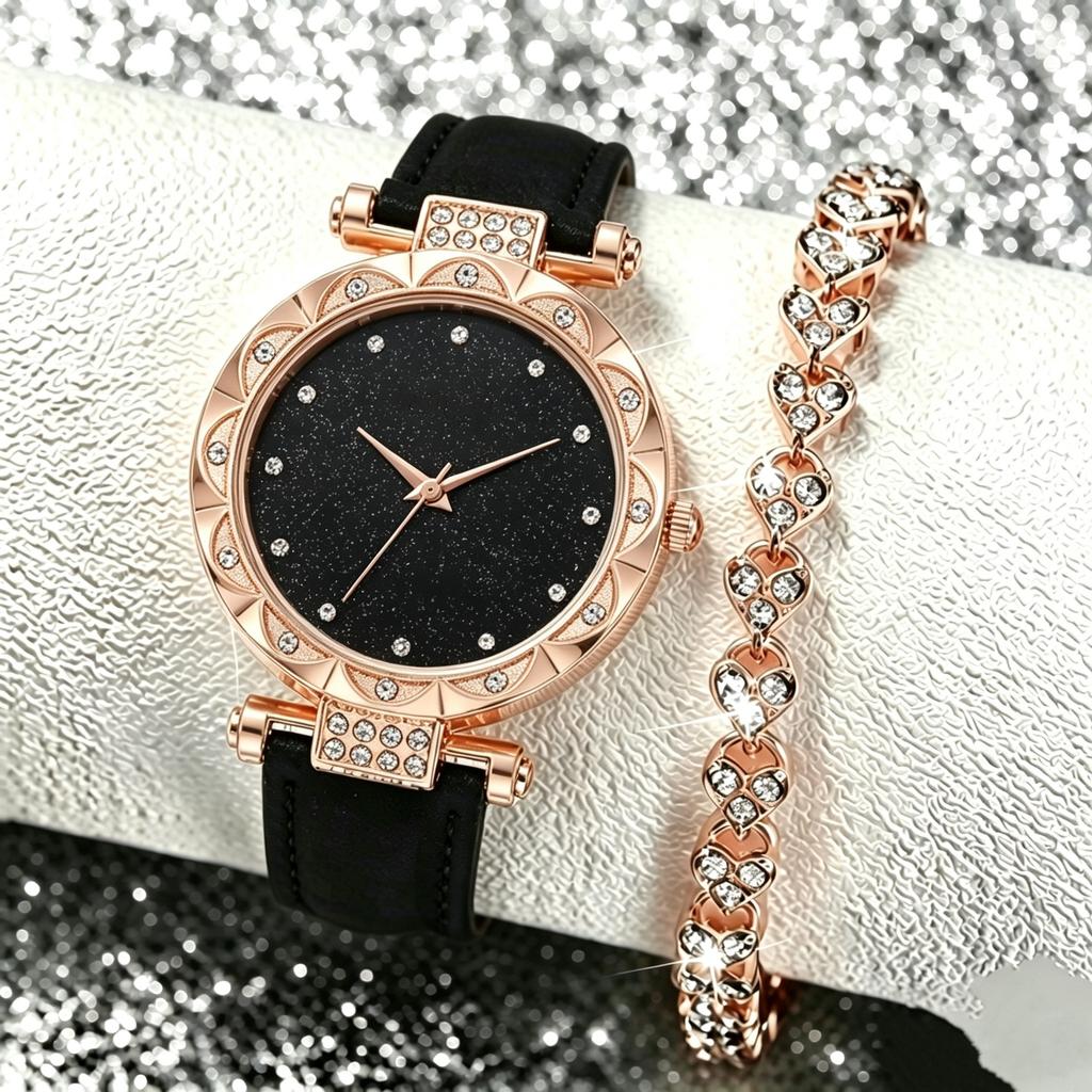 Women'S Diamond Quartz Watch Fashion Belt Watch Two-Piece Set Light Luxury Bracelet Set Women'S Watch