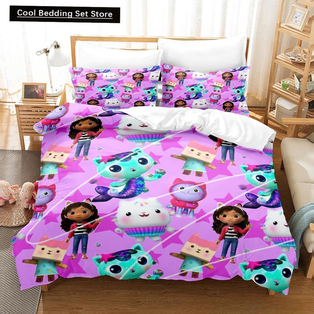 Gabbys Puppenhaus Bettwäscheset Einzelbett Twin Full Queen King Size Bettset Erwachsene Kinder Schlafzimmer Bettbezugsets 3D Anime Bettlaken-Set