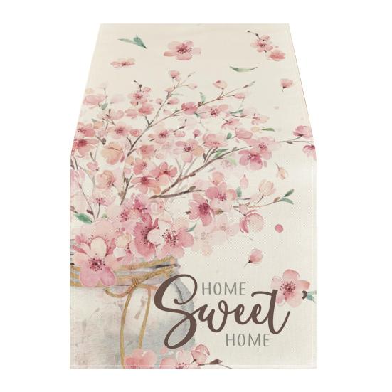 Floral Table Runner Spring Summer Linen Watercolor Flowers Plants Table Runner Machine Washable Table Protector for Home Farmhouse Dinner Party