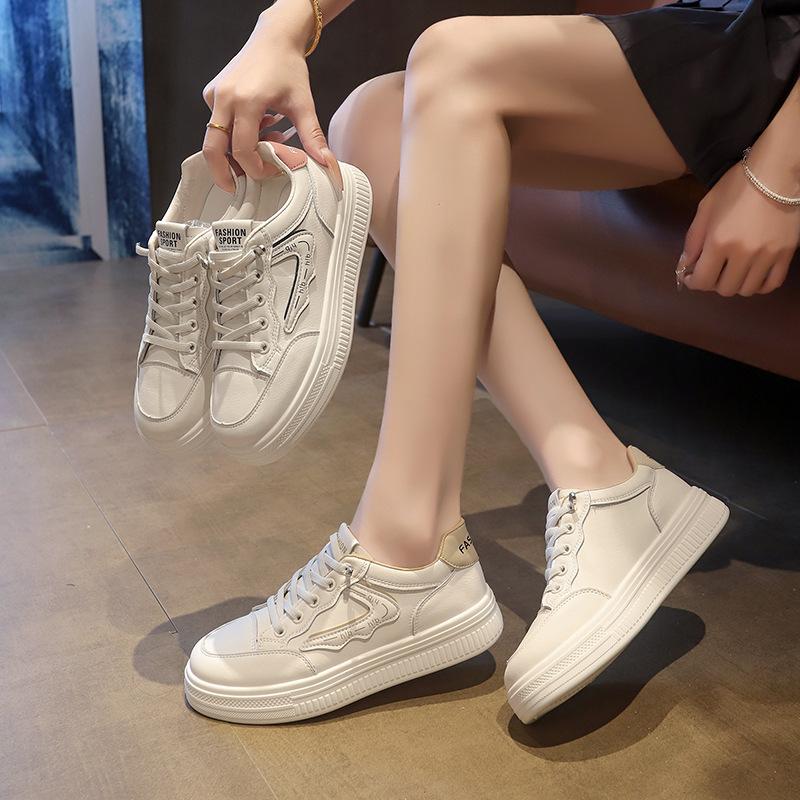 2025 New Women's Summer Leather Hollow Breathable Little White Shoes Thin with Skirt Thick-soled Sports and Leisure Board Shoes