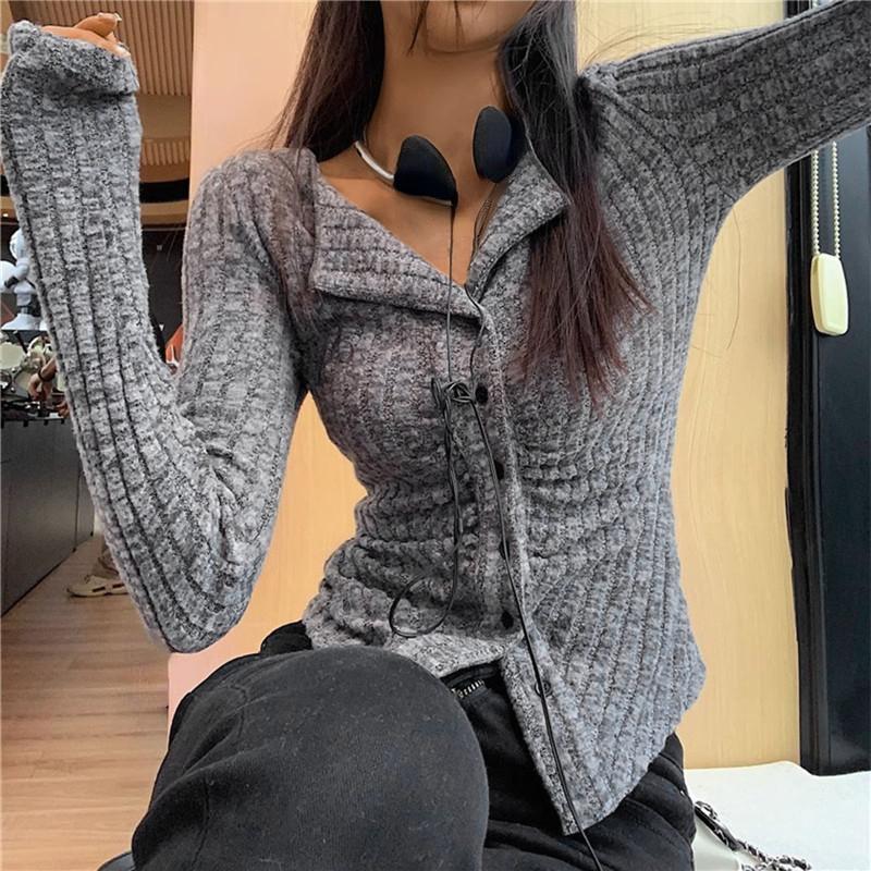 Korean New Knit Cardigan Women Y2k Clothes V Lapel Long Sleeve Knitted Jumper Collar Sweater Coat Vintage Slim Cardigan