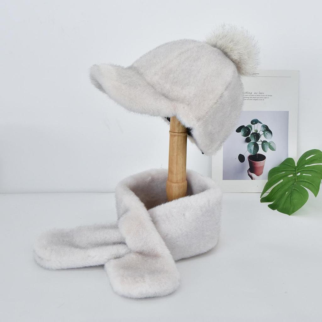 Autumn Winter Faux Mink Fur Baseball Cap for Women with Pom Pom, Faux Fur Warm Fleece Hat Scarf Set For Outdoor Travel