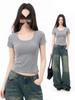 Women's Slim-Fit U-Neck T-Shirt: Trendy Summer 2025 Style, Solid Color, True Shoulder, Elastic, Short Sleeves, Thin Fabric.