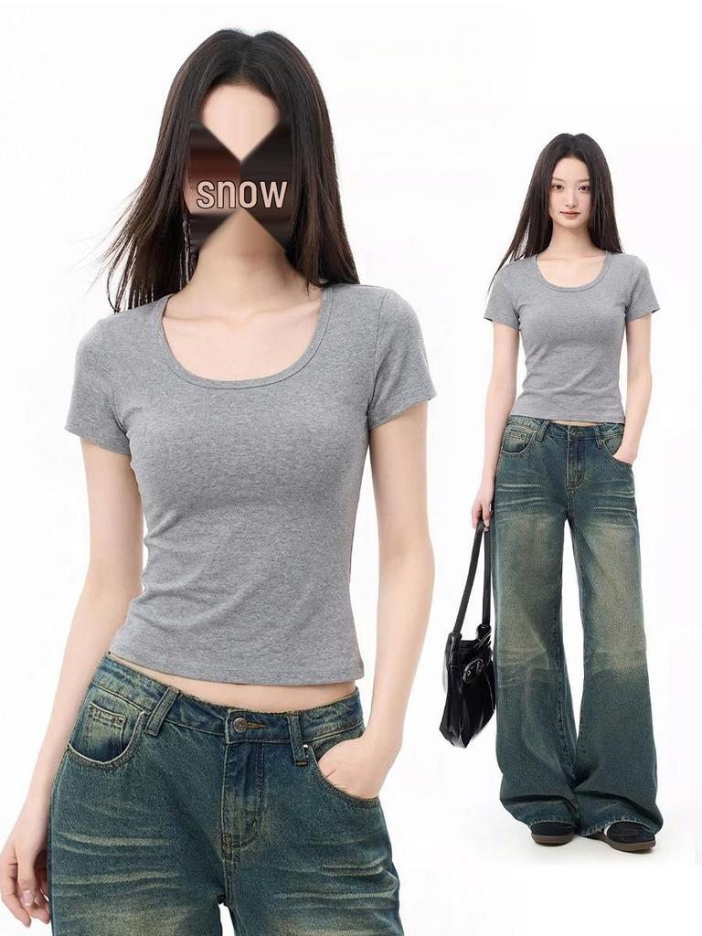Women's Slim-Fit U-Neck T-Shirt: Trendy Summer 2025 Style, Solid Color, True Shoulder, Elastic, Short Sleeves, Thin Fabric.