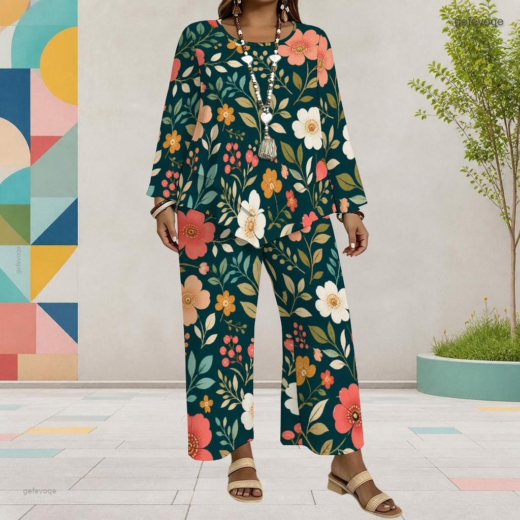 Women Plus Size Round Neck Long Sleeve Floral Printed Layered Top Wide Leg Cropped Pants Two Piece Set