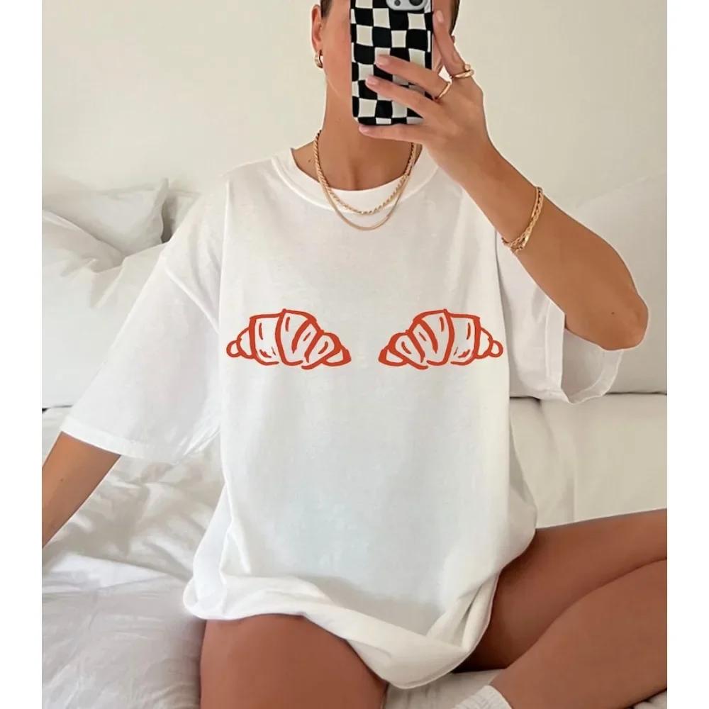 

Fashionable Ins Croissant Graphic Womens Tshirt Summer Casual Y2k Creative Design Personalized Daily Life Tshirt Top S
