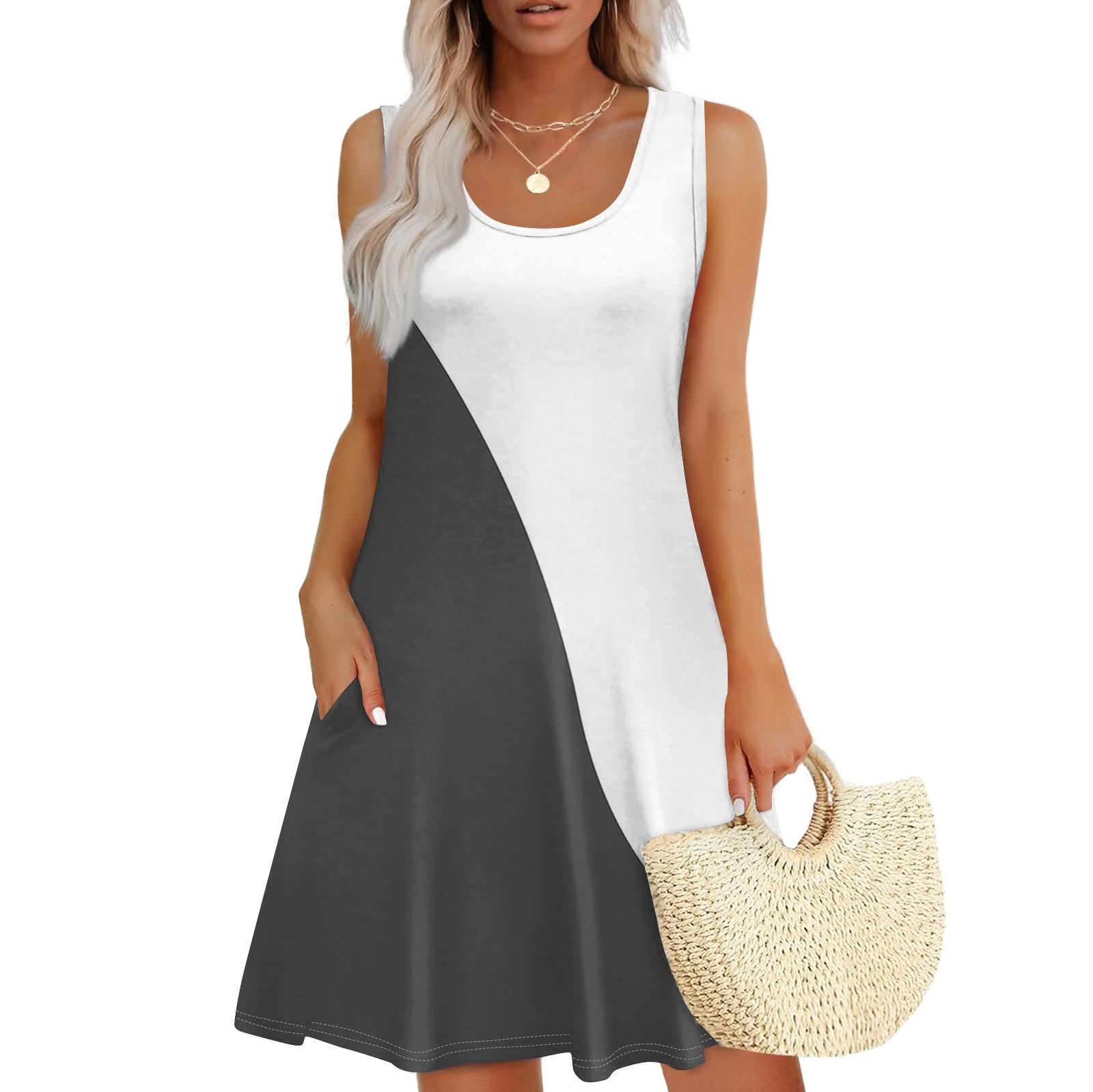 Women s Summer Casual Square Neck Patchwork Printed Dress Sleeveless Dress With Pockets XXL