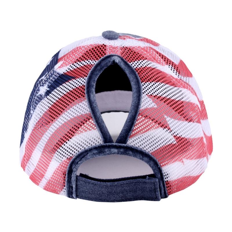 Distressed Wash Cotton Baseball Hat with Star Print Curved Brims Mesh Ponytail Sun Hat for Patriotic Women Teens Girl