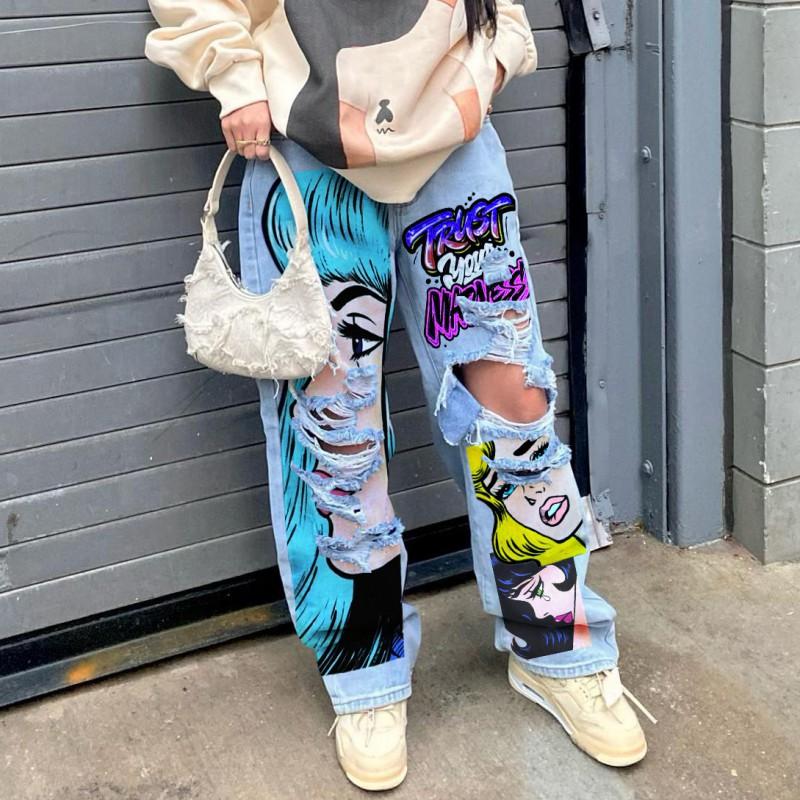 High Street Style Printed Baggy Wide Leg Jeans Hip Hop Cartoon Graphic Denim Trousers Streetwear
